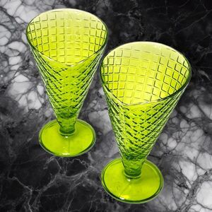 Vintage Bormioli Rocco Green Waffle Cone Sundae Ice Cream Dessert Glasses Italy